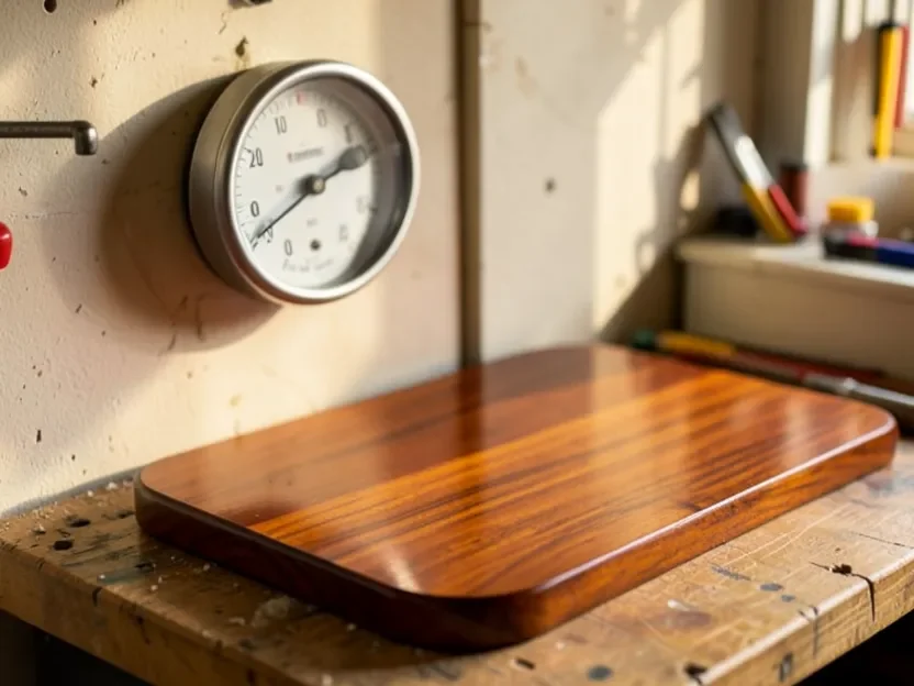 Thermometer and hygrometer near a freshly varnished wood board in a workshop