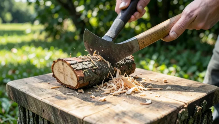 Splitting a small log into kindling on a chopping block