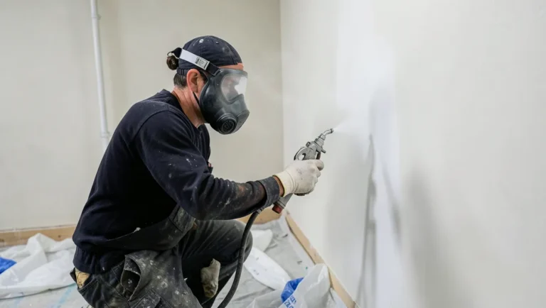A person wearing a respirator spraying primer onto a wall with an HVLP sprayer