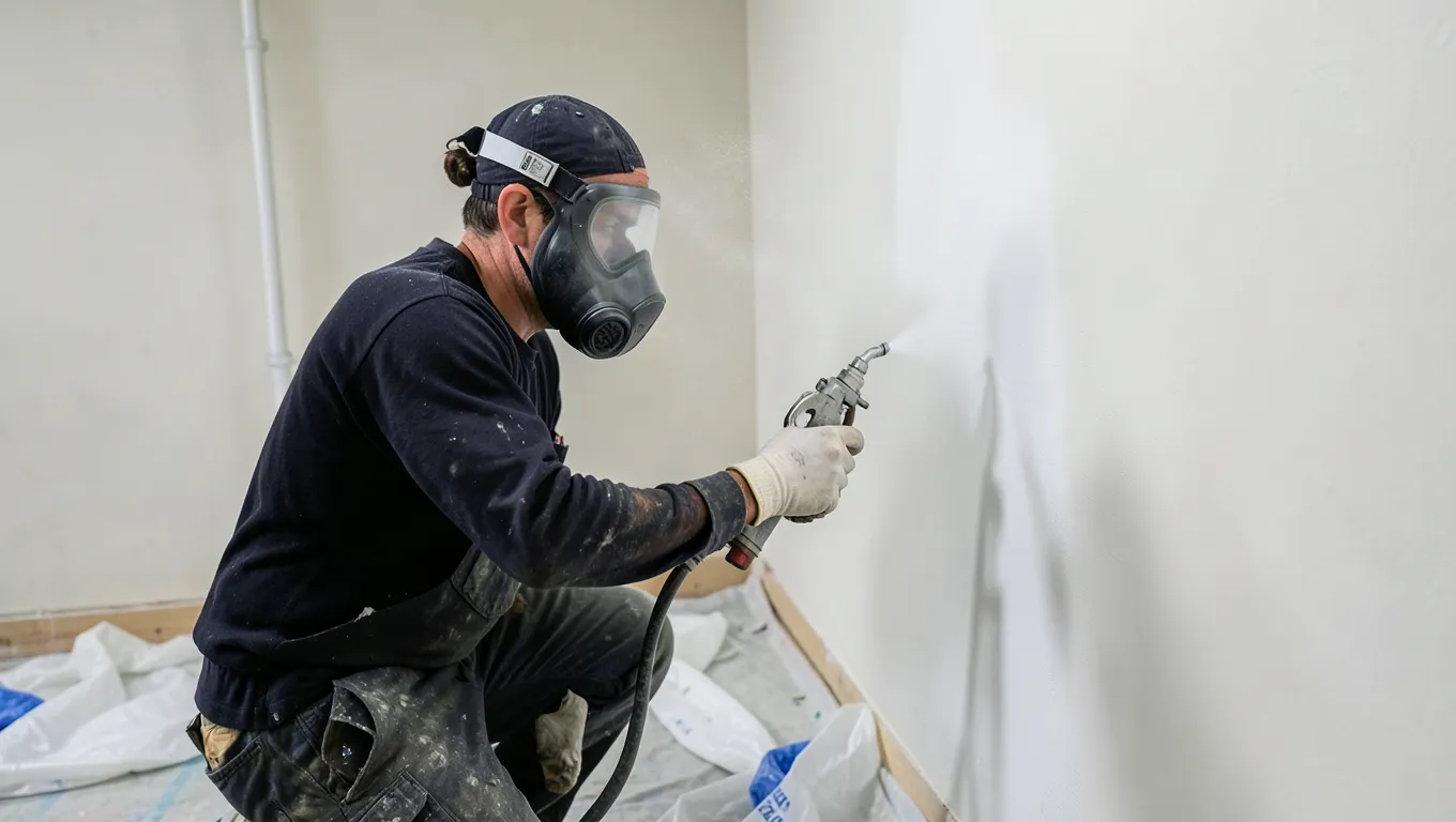 A person wearing a respirator spraying primer onto a wall with an HVLP sprayer