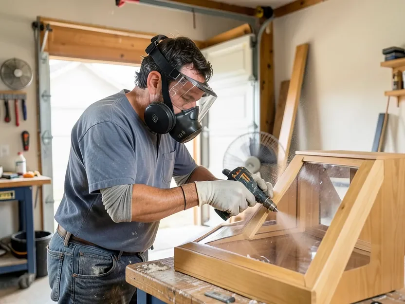 Woodworker wearing a respirator and safety goggles spraying clear lacquer on a cabinet in a ventilated garage workshop