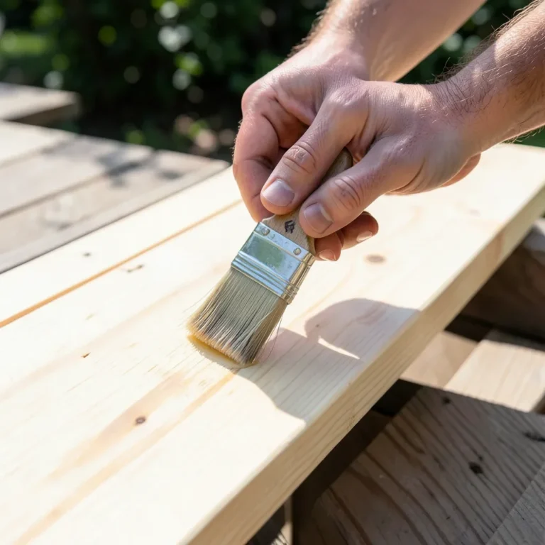 Hands applying clear penetrating sealer to a light-colored spruce deck board outdoors