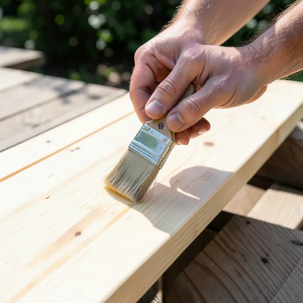 Hands applying clear penetrating sealer to a light-colored spruce deck board outdoors