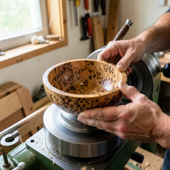 Woodturner holding a stabilized spalted maple bowl blank on a lathe