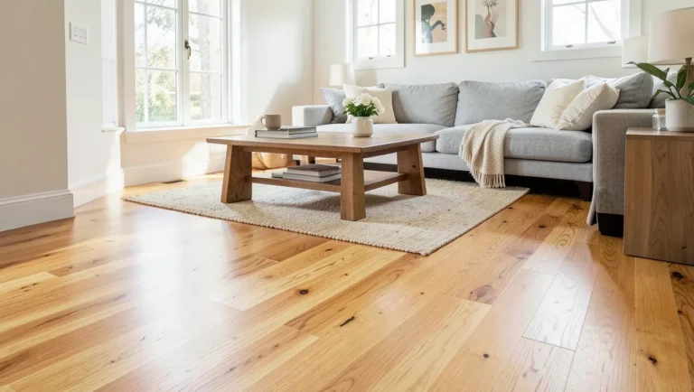 A plywood floor sanded and stained to a warm honey tone in a living room