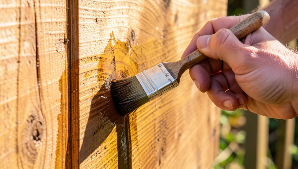 Applying wood stain to cedar boards with a brush, following the wood grain