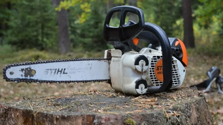 Gas chainsaw with a 2-stroke engine resting on a tree stump in a forest
