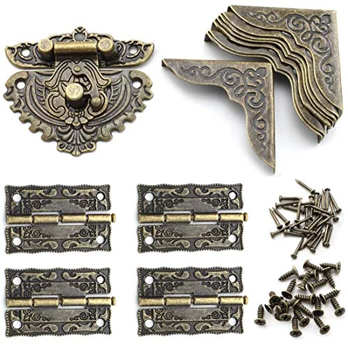 Antique bronze latch, hinge, and corner protector hardware kit for a wooden suitcase