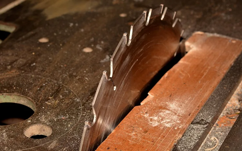 close-up of a table saw blade cutting through a wood board on the saw table close-up of a table saw blade cutting through a wood board on the saw table
