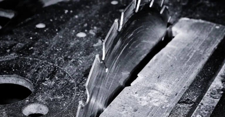 Saw blade rising through the slot of a table saw top beside a board