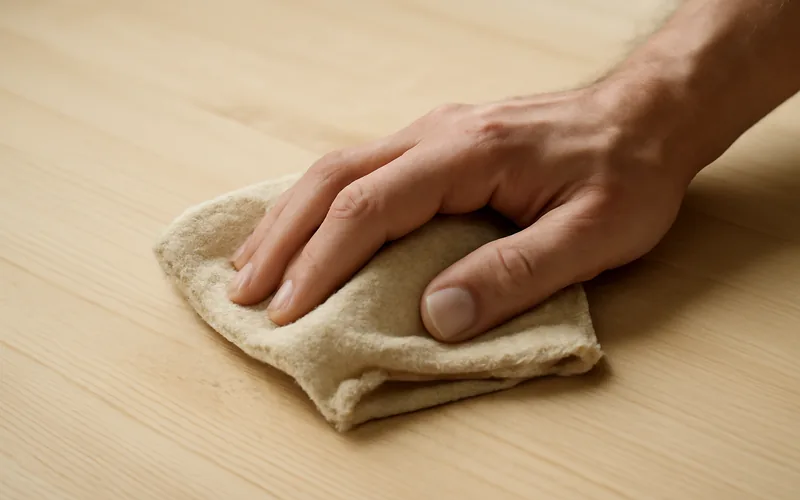 wiping sanded wood with a folded tack cloth to remove dust before the next polyurethane coat