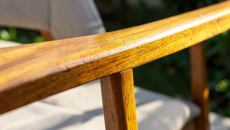 Close-up of a freshly oiled outdoor teak chair armrest showing rich golden finish