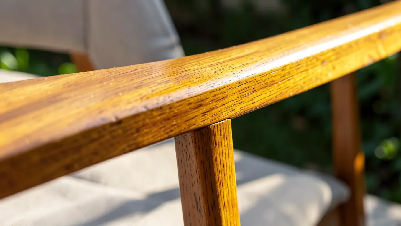Close-up of a freshly oiled outdoor teak chair armrest showing rich golden finish