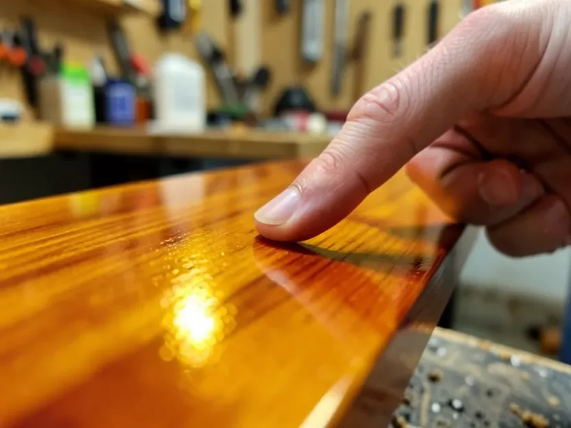 Fingertip testing a freshly shellac-finished wood surface for tackiness