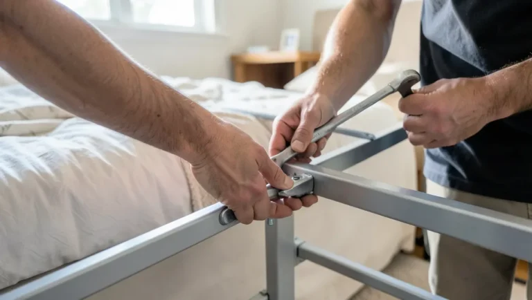 Tightening a bolt on a metal bed frame joint with a wrench
