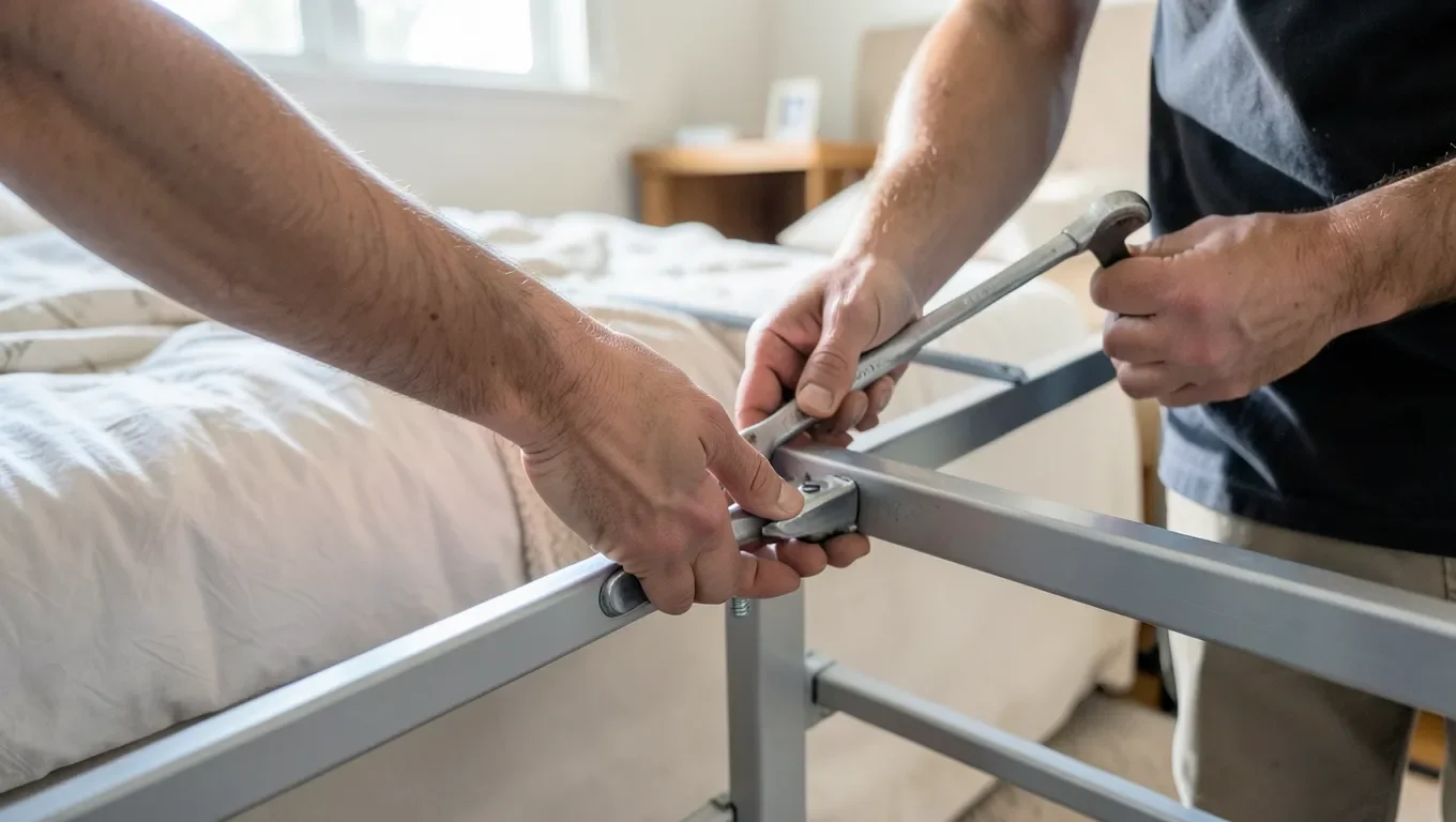 Tightening a bolt on a metal bed frame joint with a wrench