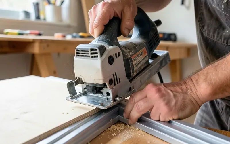 Track saw cutting a sheet of plywood along an aluminum guide rail Track saw cutting a sheet of plywood along an aluminum guide rail
