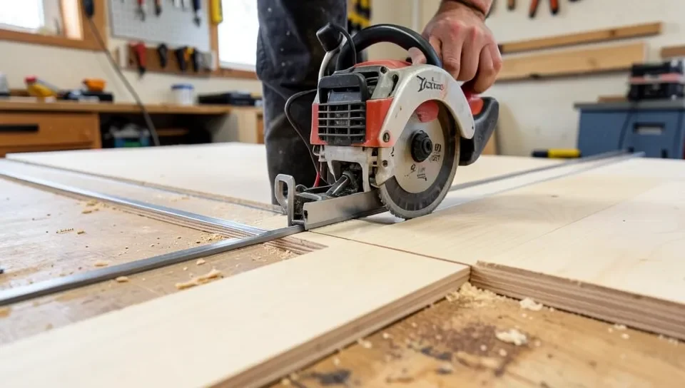 Track saw making a clean splinter-free cut using a guide rail