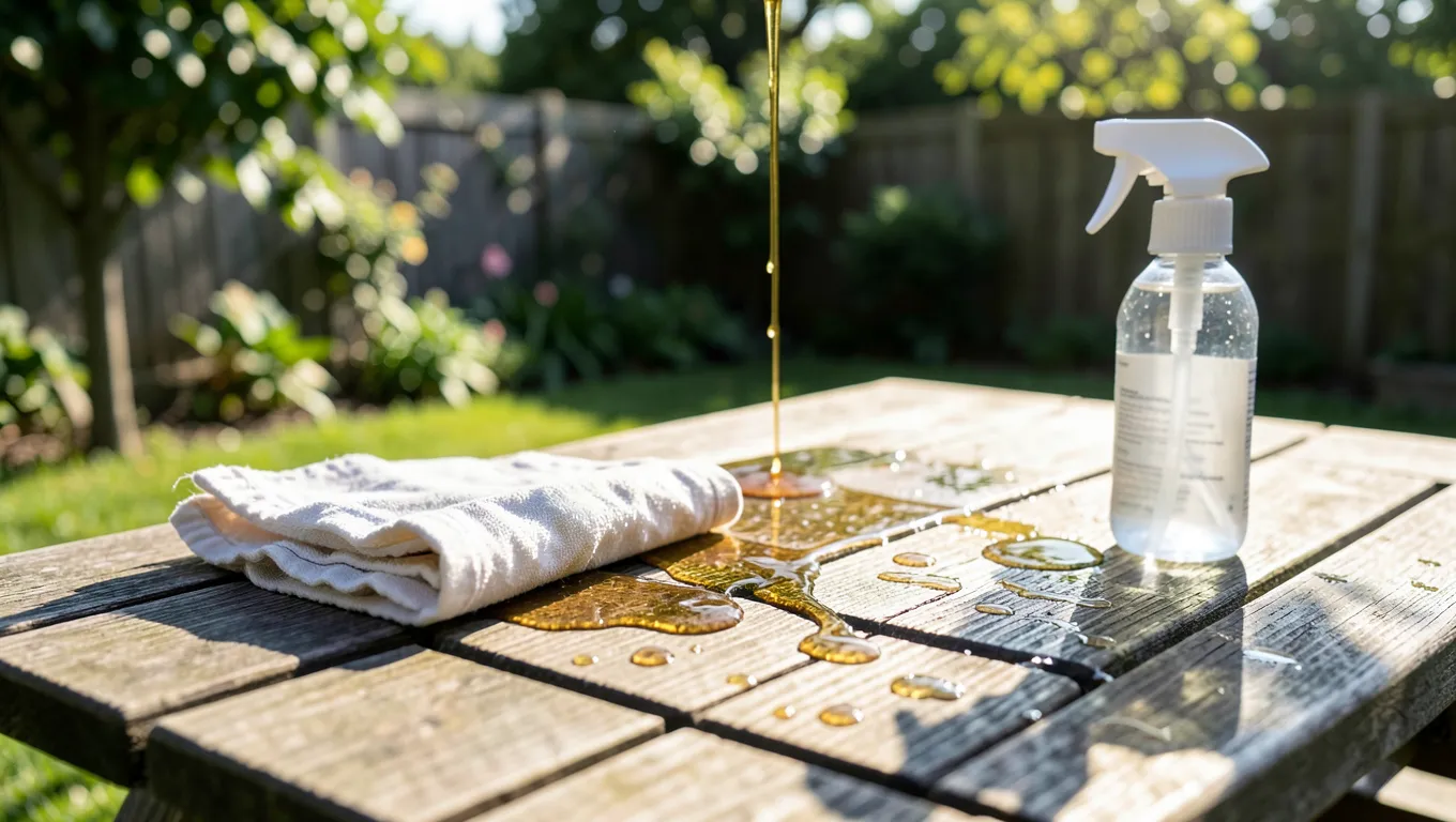Tree sap drips on a wooden outdoor patio table with cleaning supplies nearby