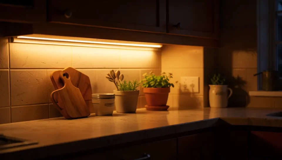 Warm under-cabinet LED lighting in a kitchen