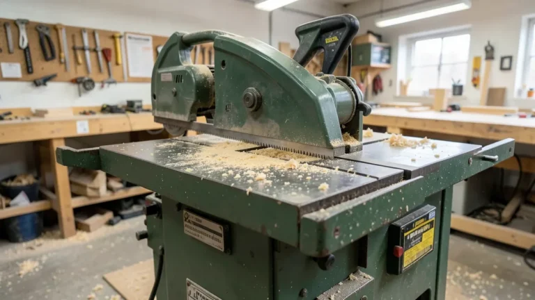 Cabinet-style table saw with tilting arbor in a woodworking shop