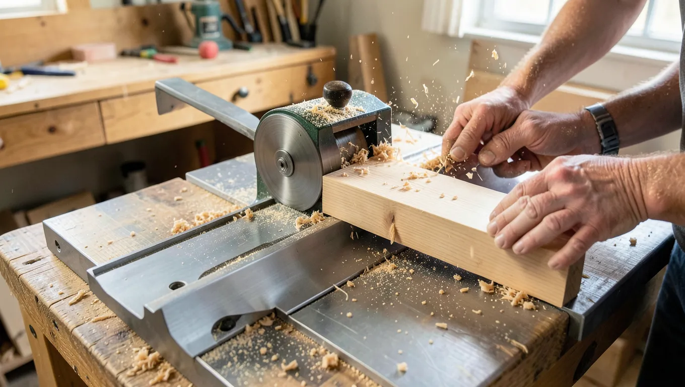 Woodworker feeding a wood plank across a benchtop jointer's infeed and outfeed tables