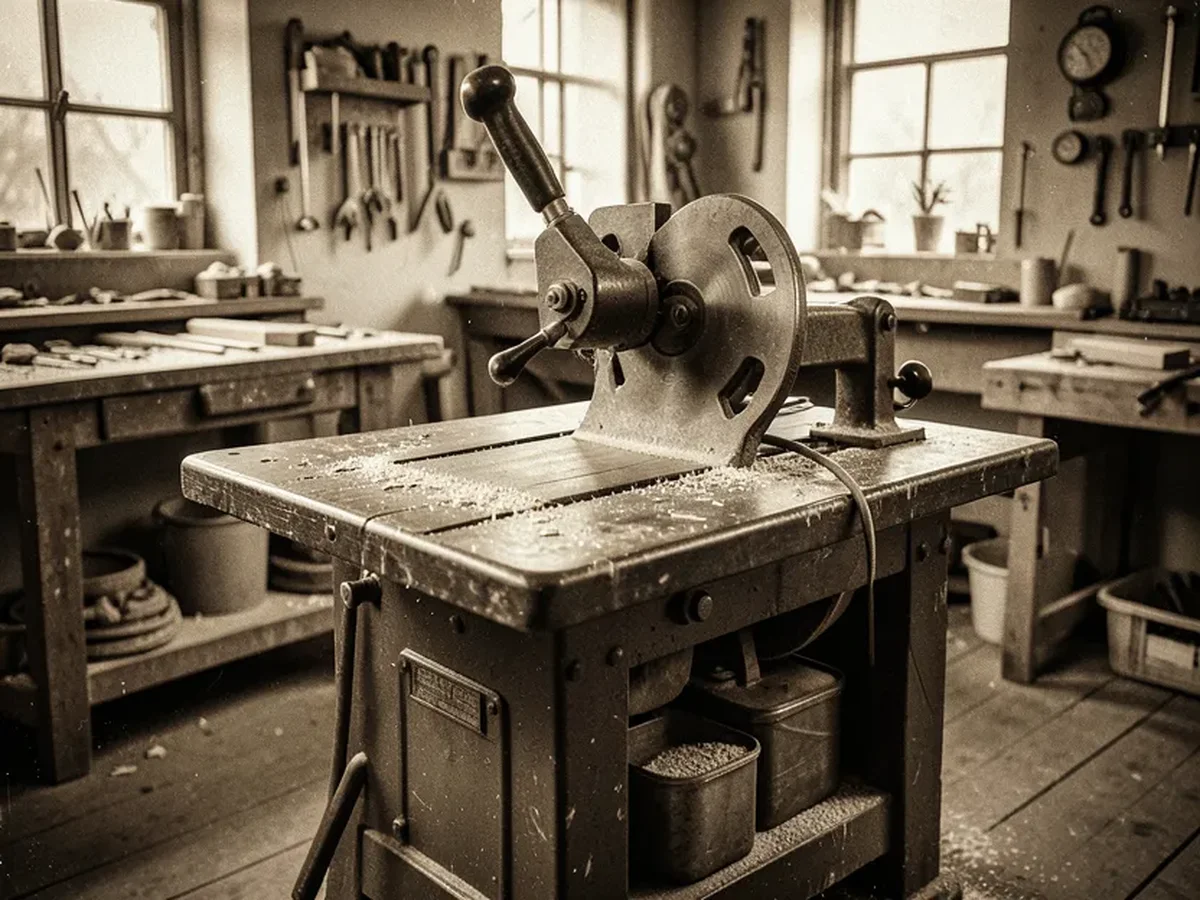 Vintage-style cast iron table saw with tilting arbor mechanism in an old workshop