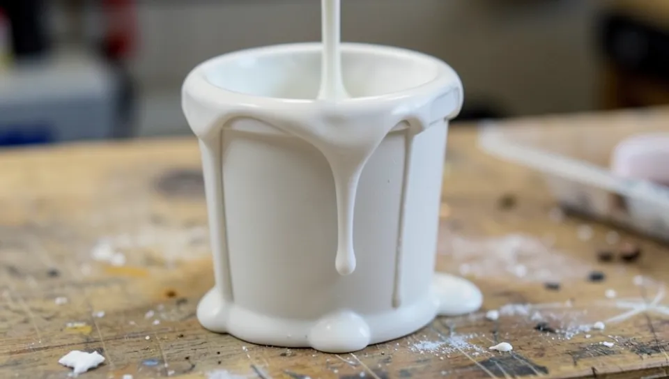 A viscosity cup dipped in white primer paint, dripping in a steady stream