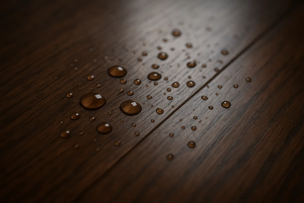 Water droplets beading on a hardwood floor seam Water droplets beading on a hardwood floor seam