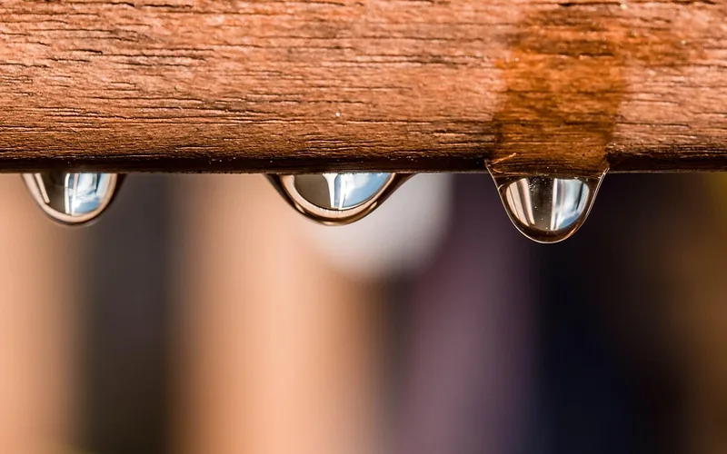 water droplets beading and hanging off the edge of a sealed wood board, the water test for deck sealant