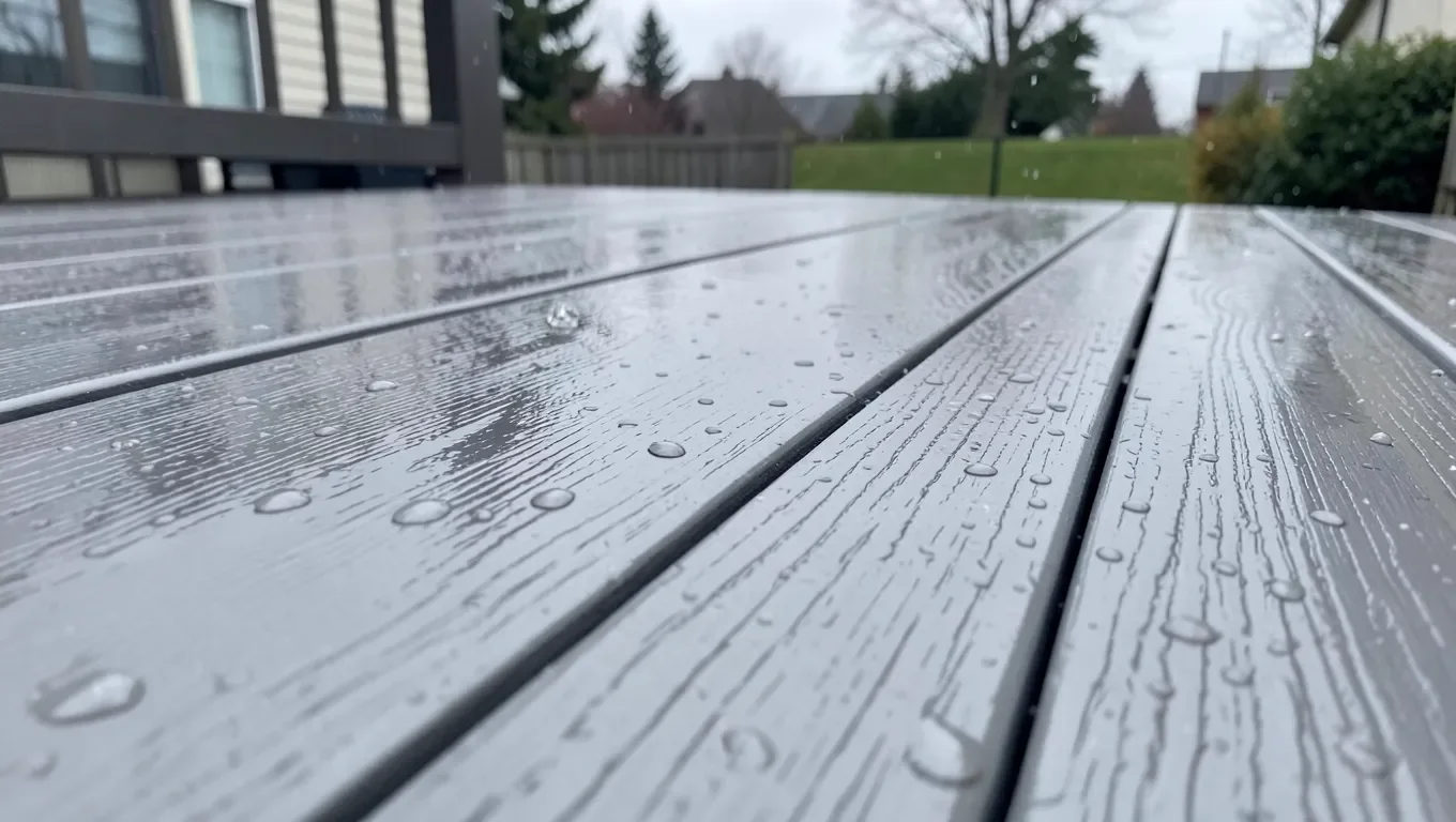 Wet gray composite decking boards after rain showing embossed wood-grain texture