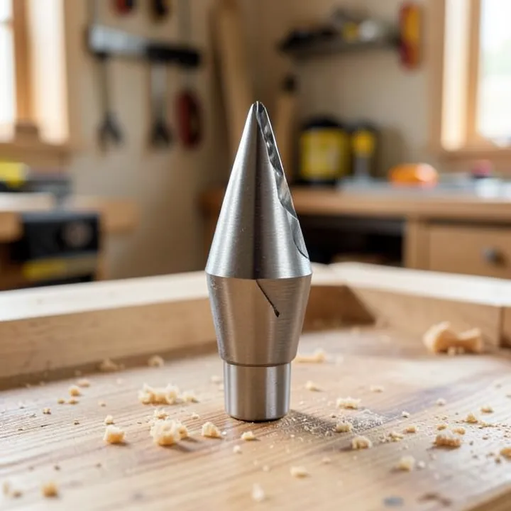 titanium-coated cone-shaped step drill bit showing its graduated cutting steps