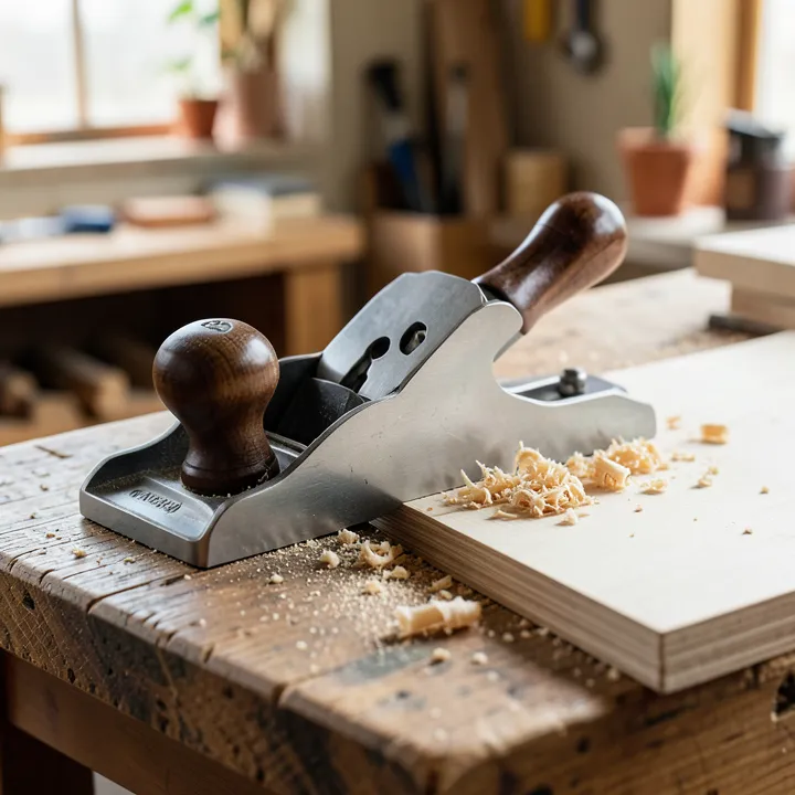Long metal jointer hand plane on a workbench next to a board with wood shavings