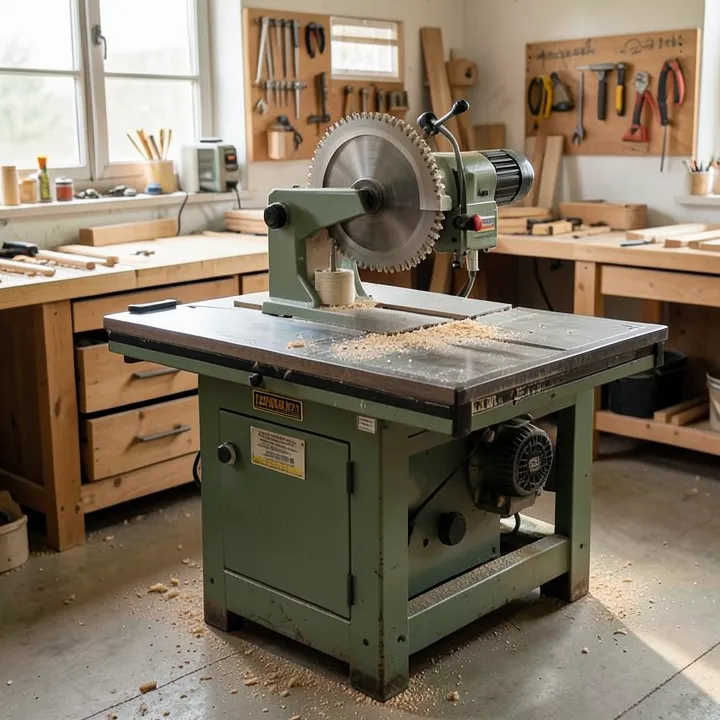 Cabinet-style table saw with tilting arbor in a woodworking shop
