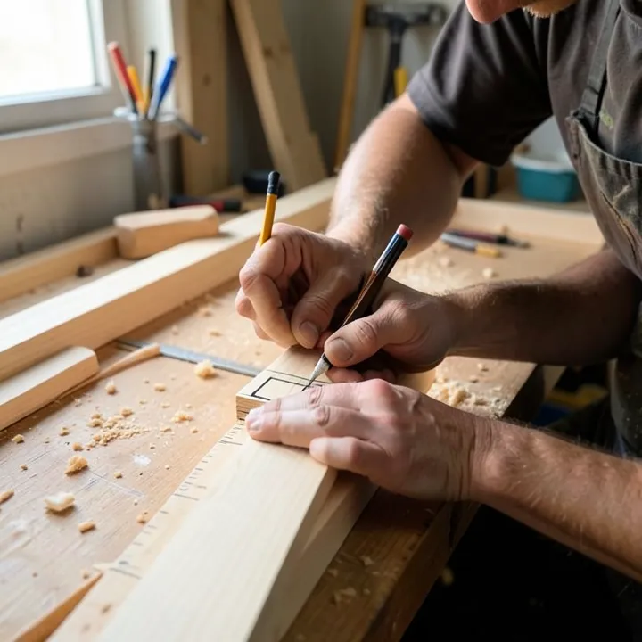 carpenter marking a wood board with a square and pencil to measure a face frame stile