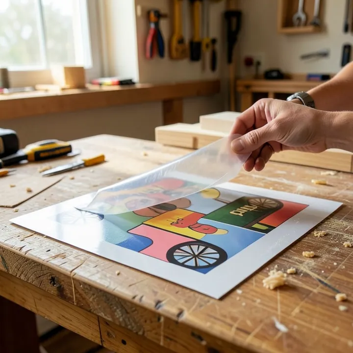 Peeling clear transfer tape off vinyl craft decal on a work surface