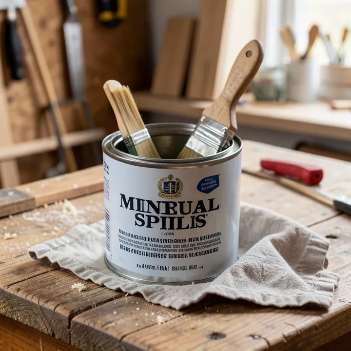 Open metal can of mineral spirits with a paintbrush and cloth rag on a wood workbench