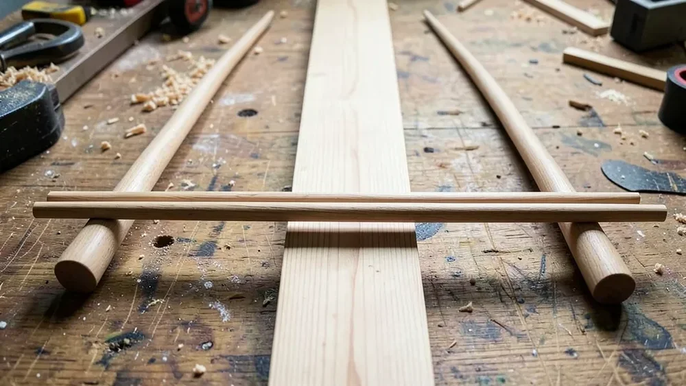 Two winding sticks laid across a board and sighted across to check for twist