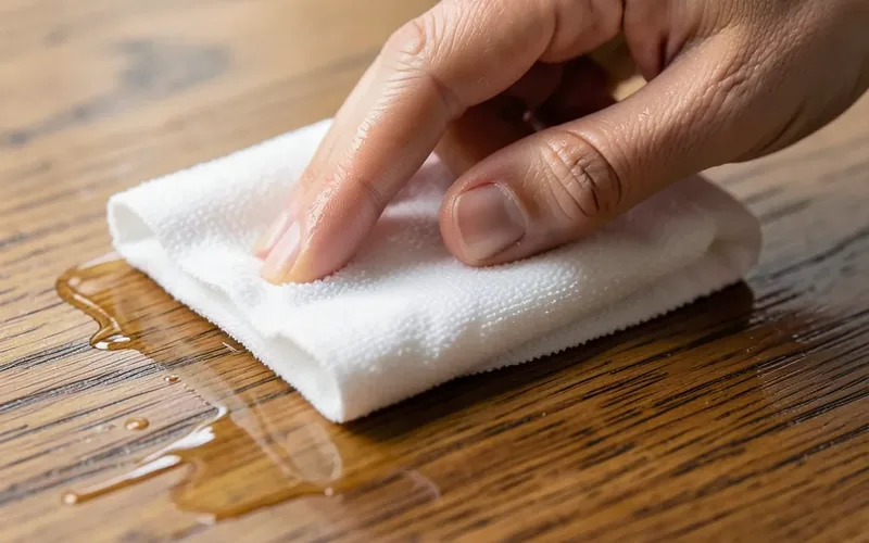 Hand wiping thinned polyurethane finish onto a wood tabletop with a folded lint-free rag