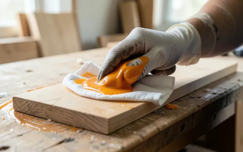 gloved hand wiping citrus stripping gel off a wood panel with a rag gloved hand wiping citrus stripping gel off a wood panel with a rag