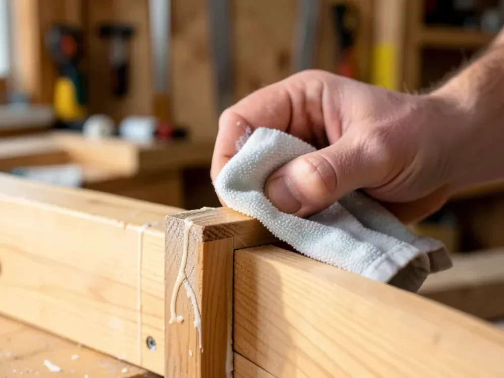 Woodworker wiping excess Titebond glue squeeze-out from a clamped wood joint