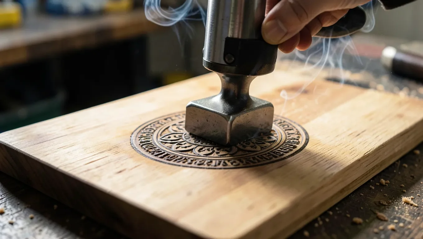 Electric branding iron stamp pressing a design into a wooden cutting board