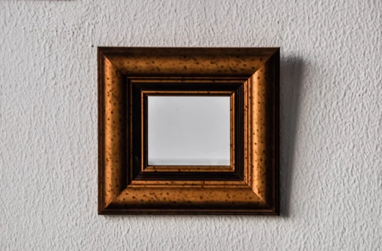 Small wood-framed mirror mounted flat on a plain wall