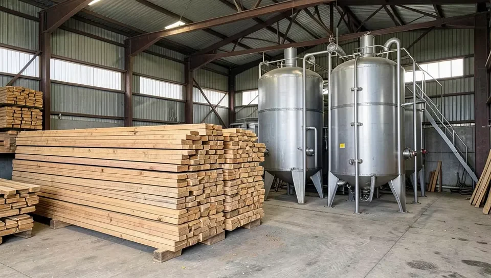 Industrial wood pressure treatment cylinder tanks at a lumber mill