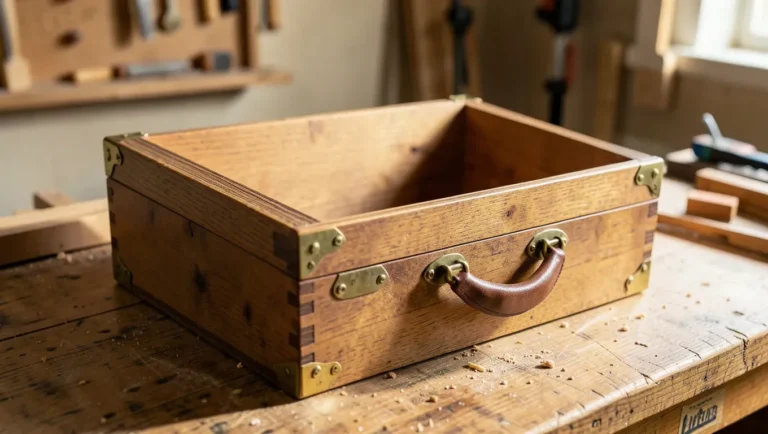 Finished handcrafted wooden suitcase with brass corner hardware and leather handle