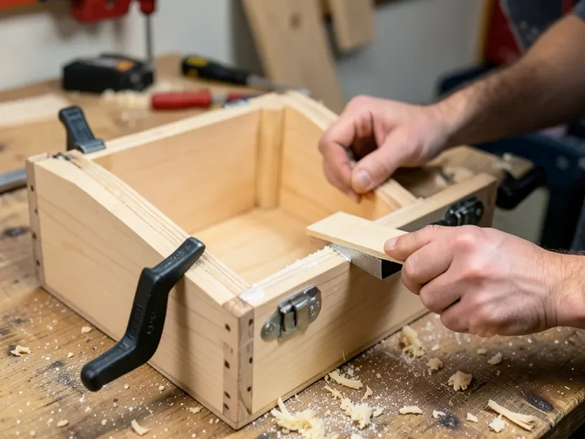 Clamping a rabbet-joined wooden suitcase frame during glue-up