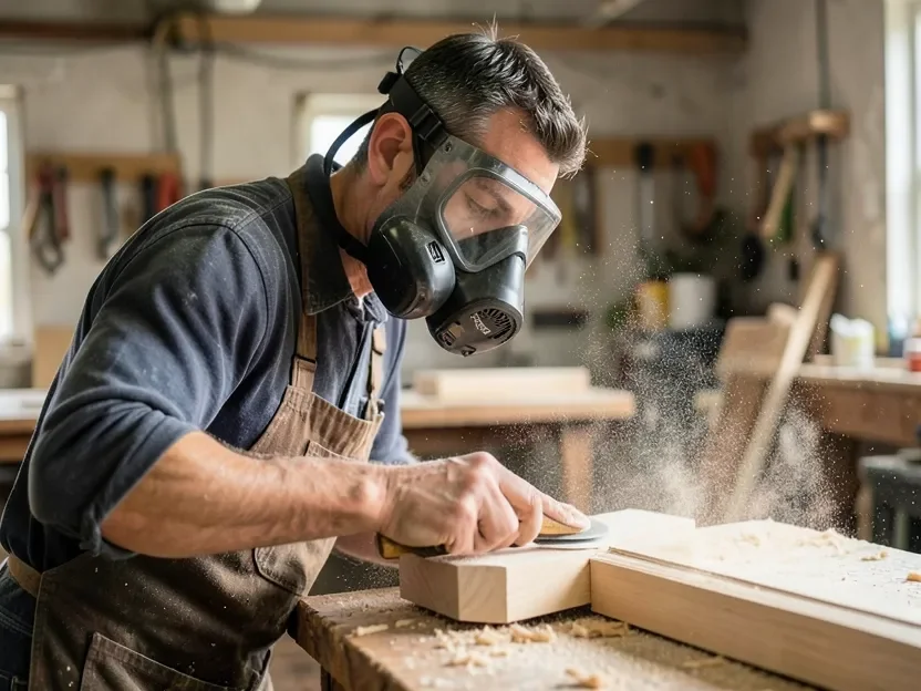 Woodworker wearing a respirator mask while hand-sanding a board, with fine dust visible in the air