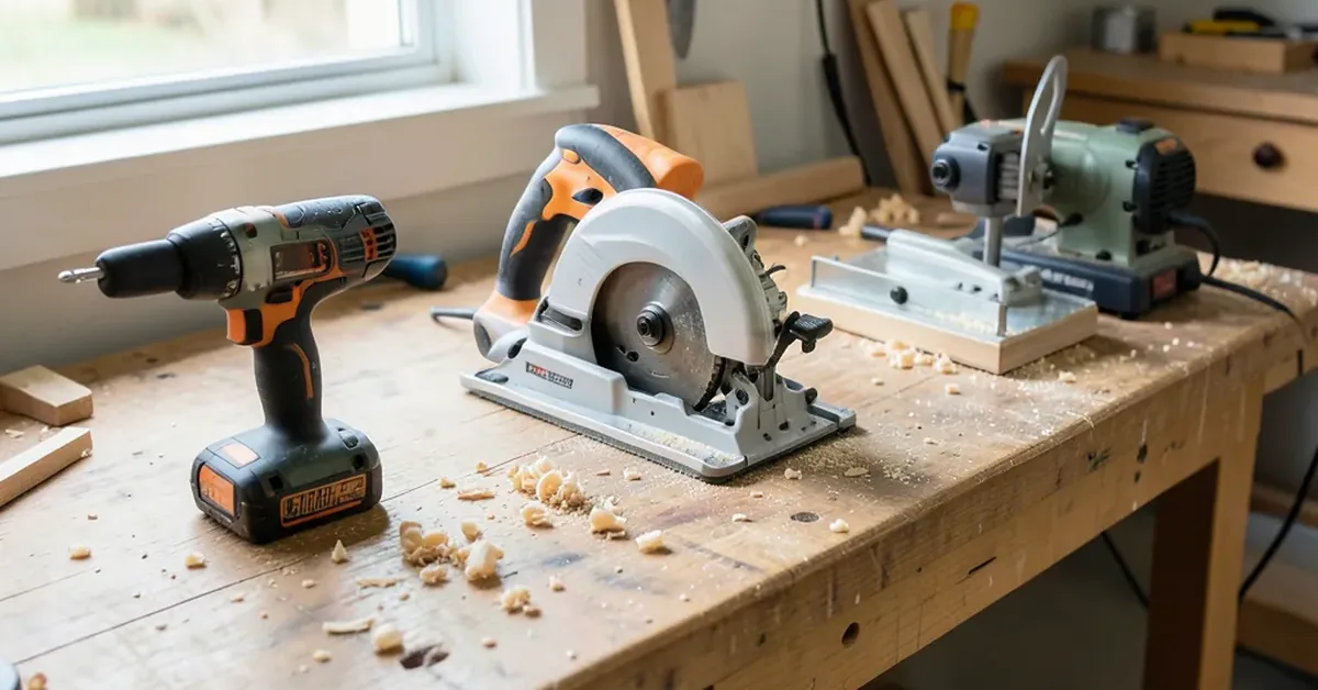 Cordless drill, circular saw, orbital sander, and router laid out on a workshop bench