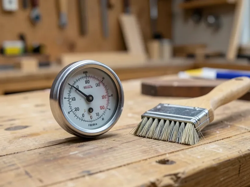 Analog thermometer-hygrometer gauge and a paintbrush on a workshop bench