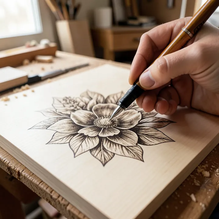 Wood burning pen creating a detailed floral pyrography design on basswood